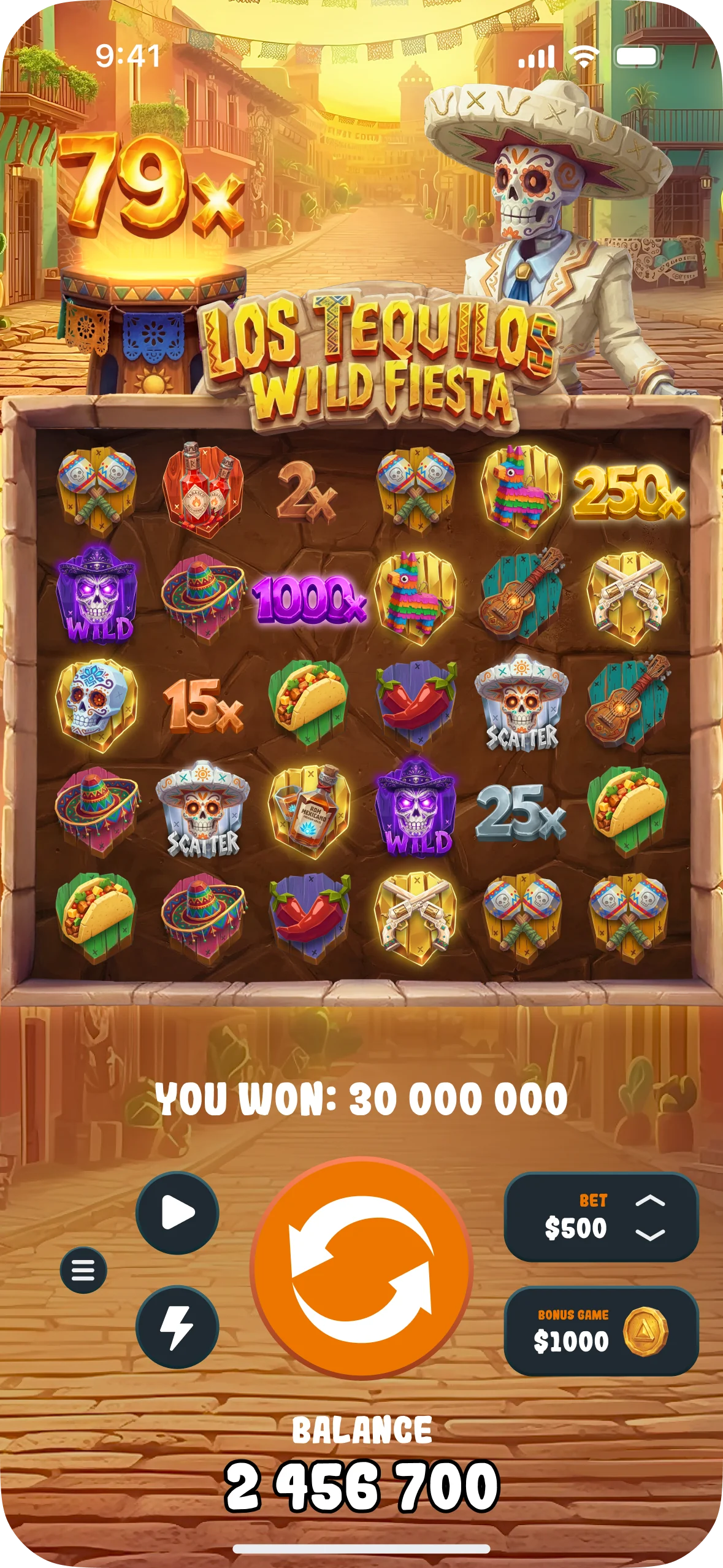 Los Tequilos Wild Fiesta mobile main screen