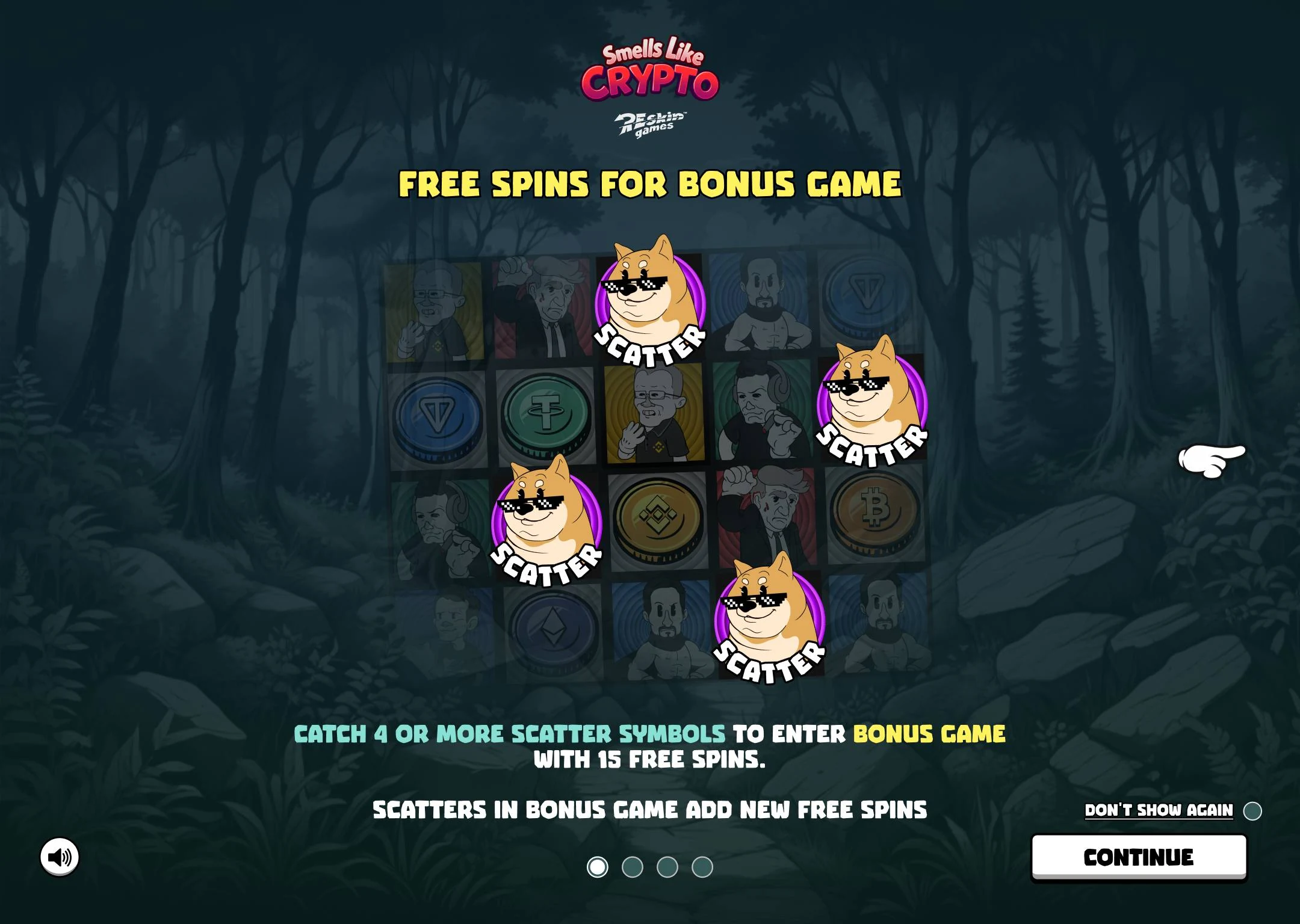 Экран онбординга Smells Like Crypto про free spins